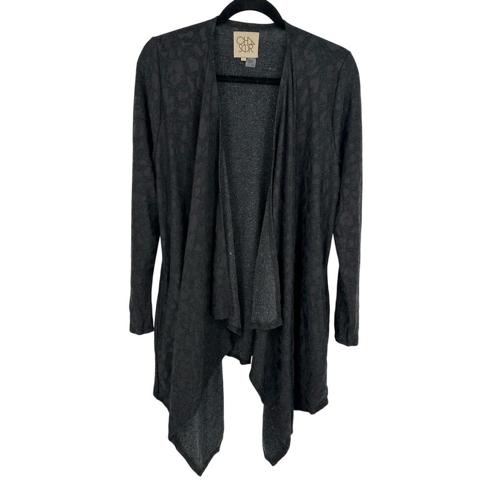 Chaser Cardigan Sweater Womens S Black Open Front Waterfall Long Knit Jacquard